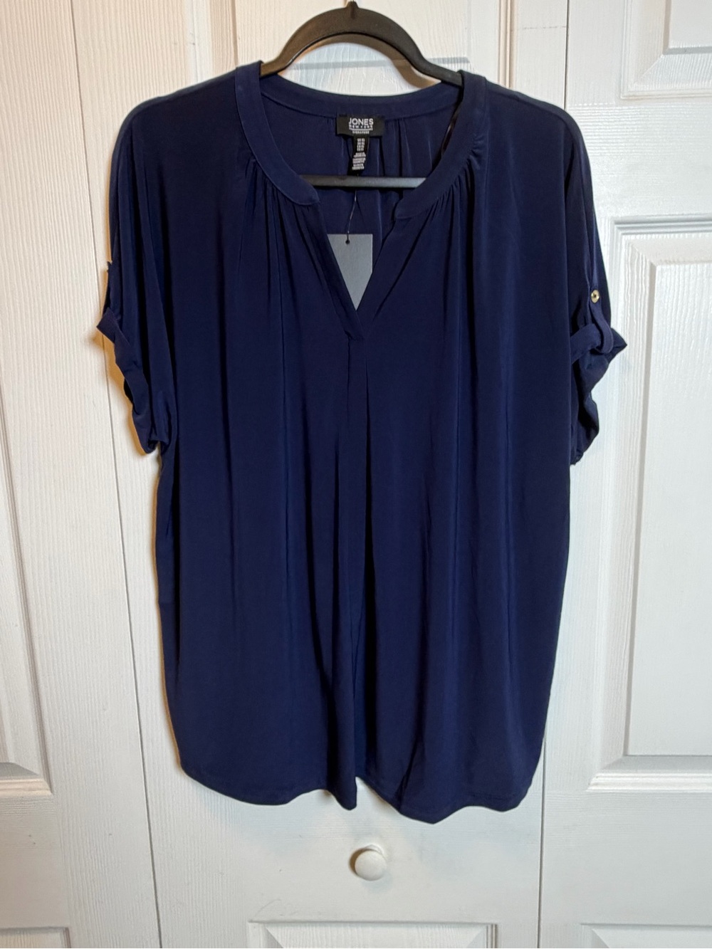 NWT Jones New York Signature Navy Roll Tab Blouse XL Stretch Top
